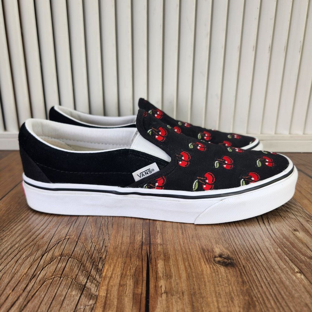 Vans Classic Slip On Cherries Sneakers Women's 8.5 Black Red Canvas Street Shoes